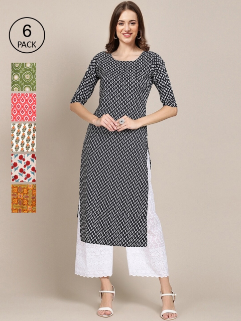 

KALINI Women Pack Of 6 Ethnic Motifs Printed Block Print Crepe Kurta, Multi