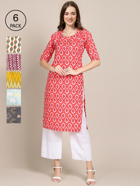 

KALINI Women Multicoloured Pack Of 6 Geometric Printed Block Print Crepe Kurta, Multi