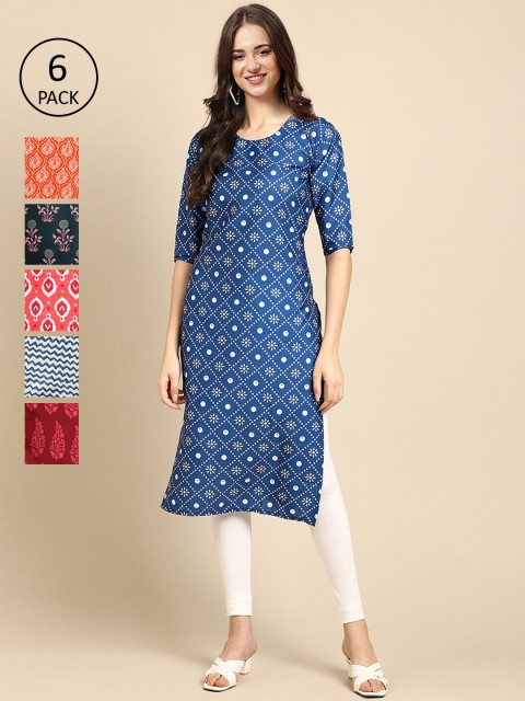 

KALINI Women Multicoloured Pack Of 6 Geometric Printed Block Print Crepe Kurta, Multi