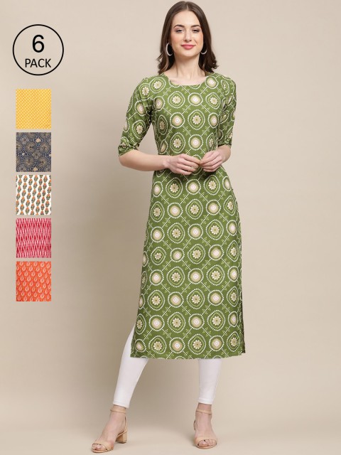 

KALINI Women Multicoloured Pack Of 6 Ethnic Motifs Printed Block Print Crepe Kurta, Multi
