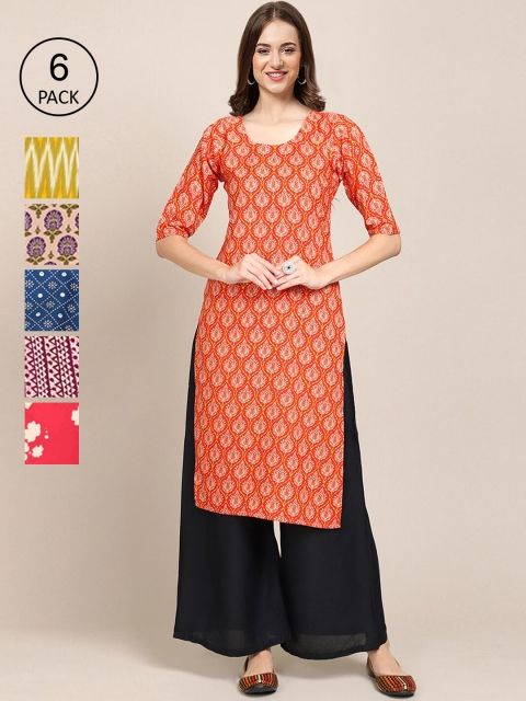 

KALINI Women Multicoloured Pack Of 6 Floral Printed Block Print Crepe Kurta, Multi