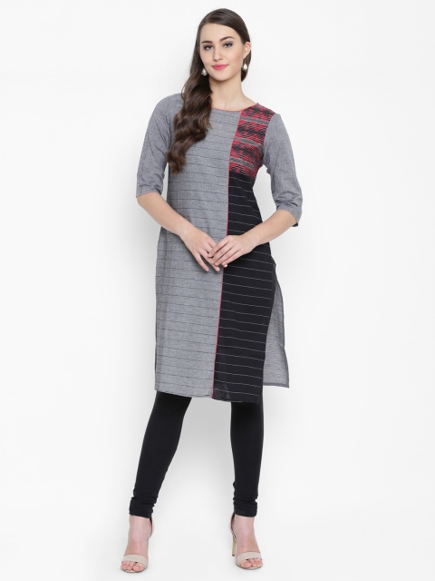 

AURELIA Women Grey & Black Woven Design Straight Kurta