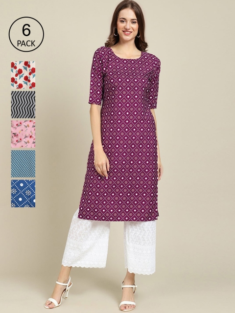 

KALINI Women Pack of 6 Multicoloured Geometric Printed Block Print Crepe Kurtas, Multi