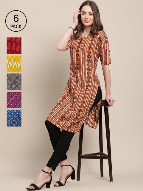 

KALINI Women Pack of 6 Blue & Yellow Geometric Printed Block Print Crepe Kurtas