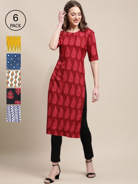 

KALINI Women Pack of 6 Blue & Yellow Geometric Printed Block Print Crepe Kurta