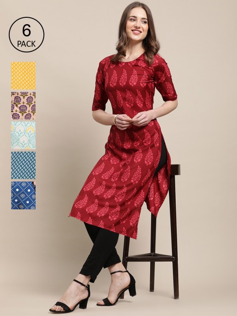 

KALINI Pack Of 6 Women Printed Crepe Kurta, Red