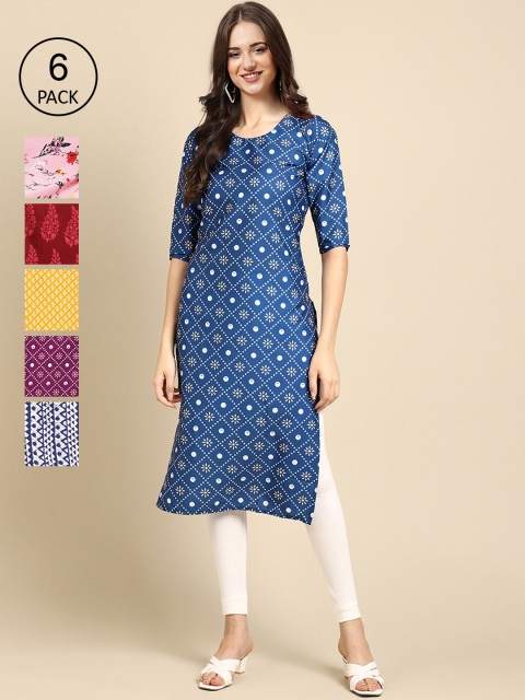 

KALINI Women Pack Of 6 Geometric Printed Crepe Straight Kurta, Blue