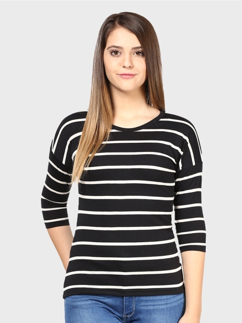 

Hypernation Women Black & White Striped Slim Fit T-shirt