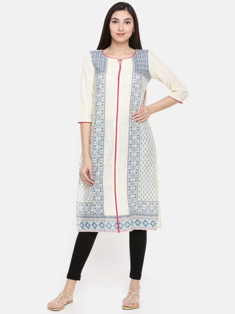 

AURELIA Women Off-White & Blue Printed Straight Kurta