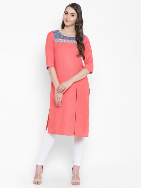 

AURELIA Women Coral Pink Solid Straight Kurta