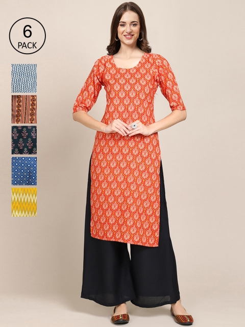 

KALINI Women Pack of 6 Ethnic Motifs Printed Crepe Kurta, Orange