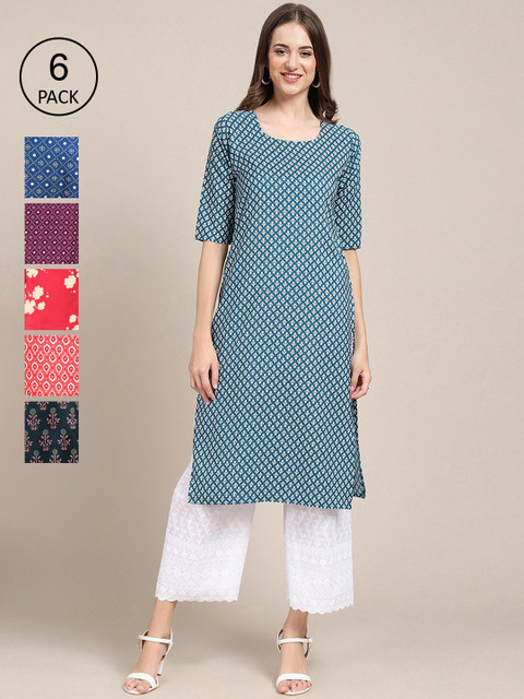 

KALINI Women Pack of 6 Ethnic Motifs Printed Crepe Kurta, Blue