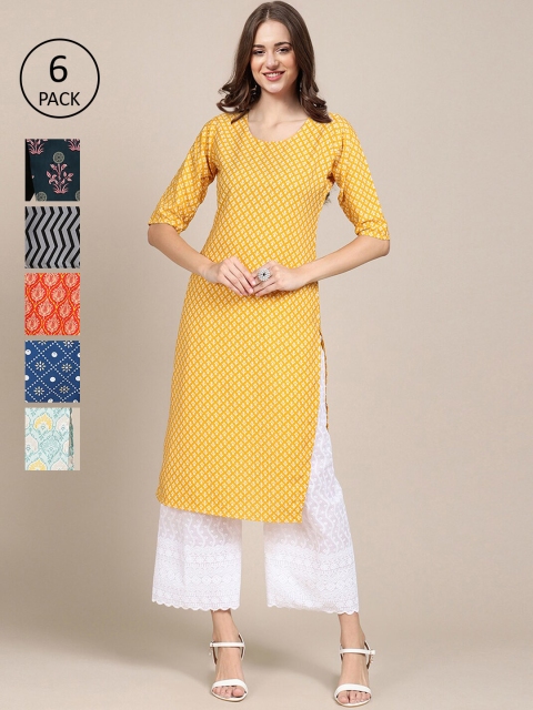

KALINI Women Pack of 6 Ethnic Motifs Printed Crepe Kurta, Yellow