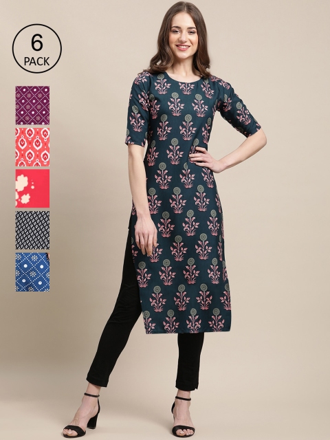

KALINI Women Pack of 6 Ethnic Motifs Printed Crepe Kurta, Green