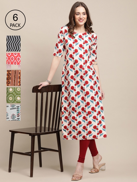 

KALINI Women Pack of 6 Ethnic Motifs Printed Crepe Kurta, White