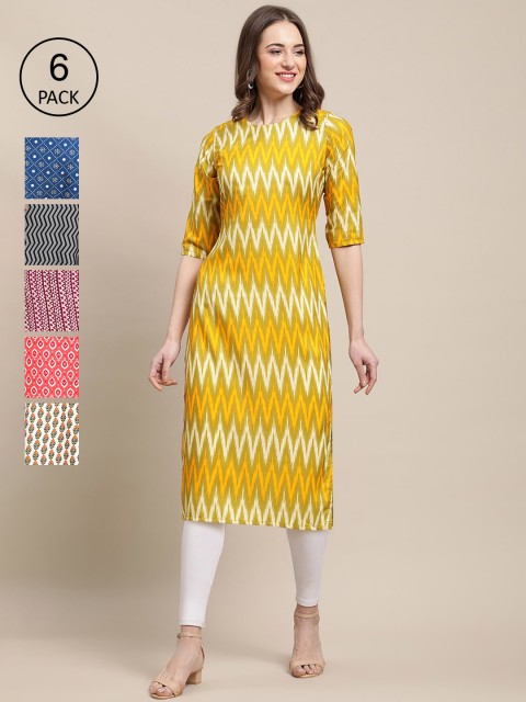 

KALINI Women Pack of 6 Ethnic Motifs Printed Crepe Kurta, Yellow