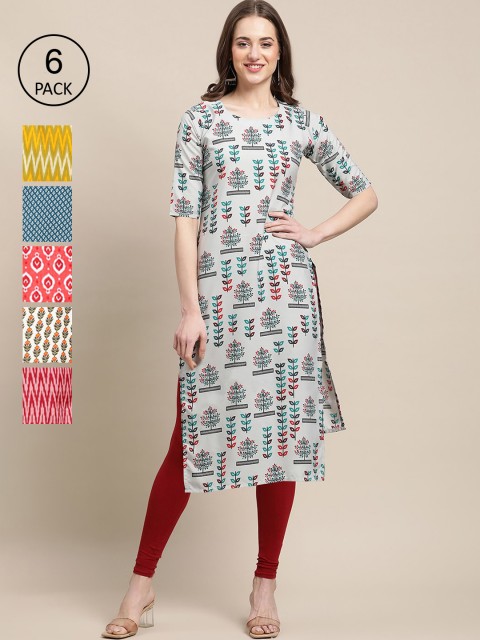 

KALINI Women Pack of 6 Ethnic Motifs Printed Crepe Kurta, White