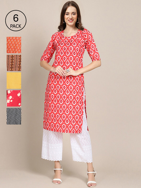 

KALINI Women Pack of 6 Ethnic Motifs Printed Crepe Kurta, Pink