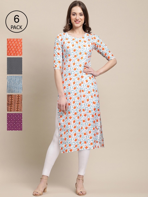 

KALINI Women Pack of 6 Ethnic Motifs Printed Crepe Kurta, White
