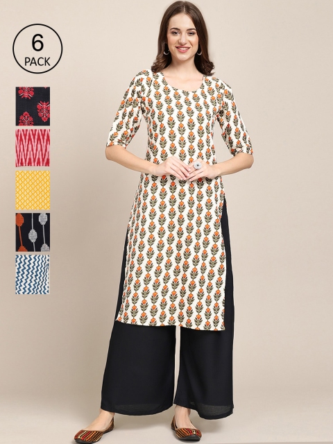 

KALINI Women Pack of 6 Ethnic Motifs Printed Crepe Kurta, White