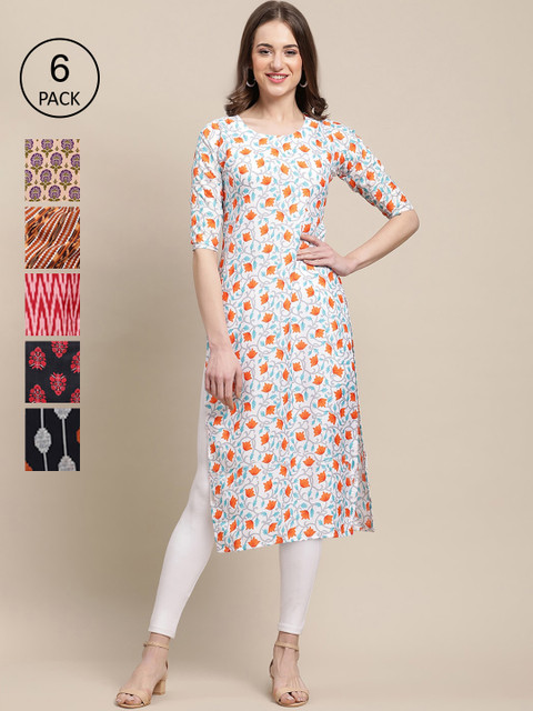 

KALINI Women Pack of 6 Ethnic Motifs Printed Crepe Kurta, White