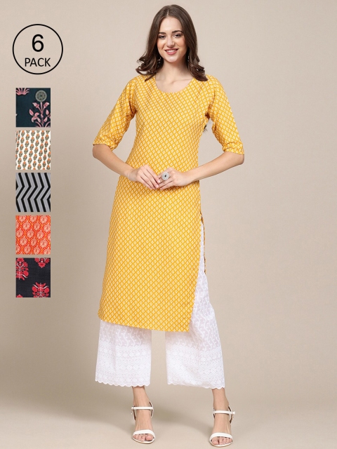 

KALINI Women Yellow & Red Ethnic Motifs Printed Block Print Crepe Kurta