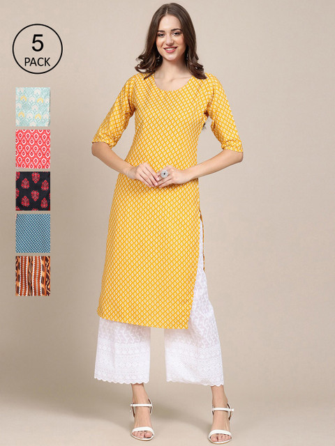 

KALINI Women PACK OF 6 Ethnic Motifs Printed Crepe Kurta, Yellow