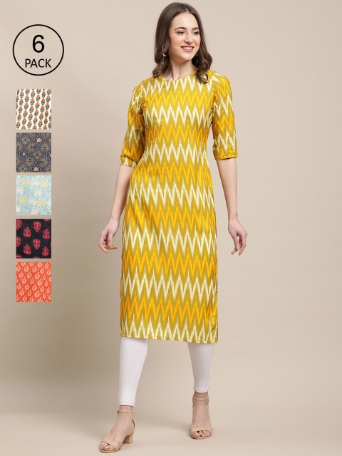

KALINI Women Pack of 6 Crepe Kurta, Yellow