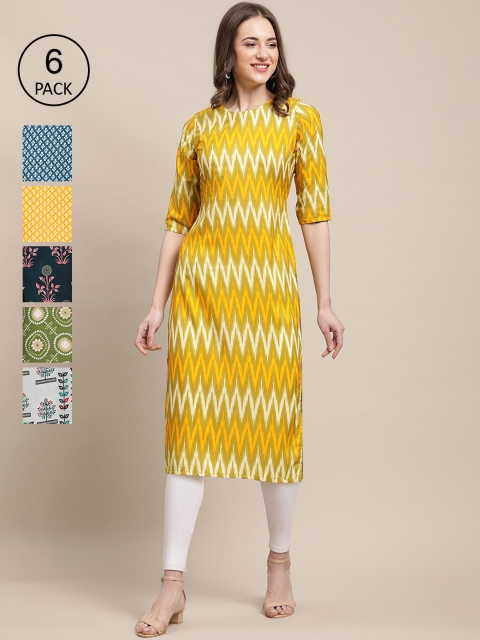 

KALINI PACK OF 6 Women Ethnic Motifs Printed Block Print Crepe Kurta, Yellow