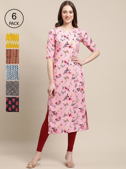 

KALINI Women Multicoloured Floral Checked Gotta Patti Block Print Crepe Kurta, Pink