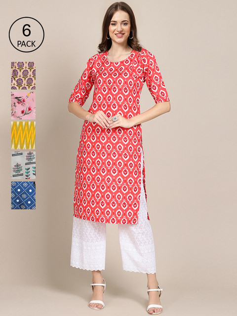 

KALINI Women Pack Of 6 Ethnic Motifs Printed Block Print Crepe Kurta, Multi