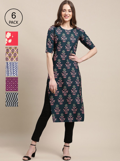 

KALINI Women Pack of 6 Printed Straight Crepe Kurtaqced, Multi