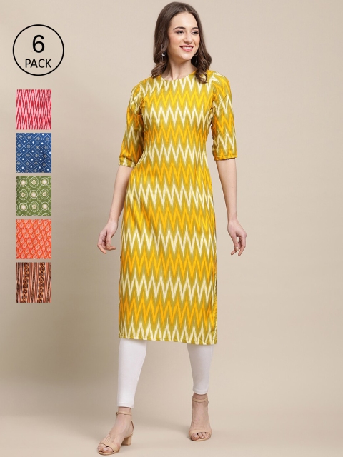 

KALINI PACK OF 6 Women Ethnic Motifs Printed Block Print Crepe Kurta, Yellow