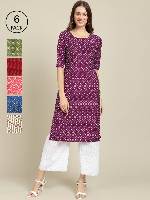 

KALINI Women Pack of 6 Printed Straight Crepe Kurta, Multi