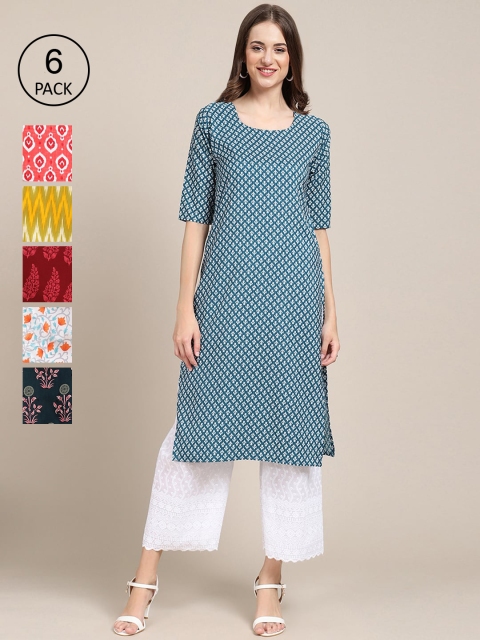 

KALINI Women Pack of 6 Printed Straight Crepe Kurta, Multi
