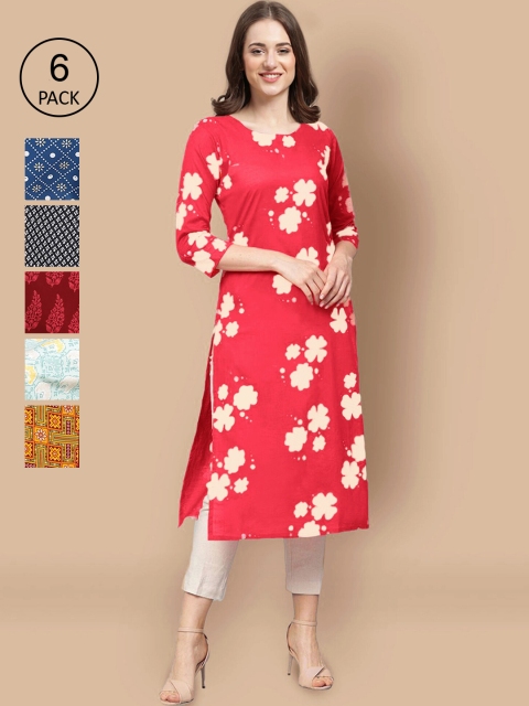 

KALINI Women Pack of 6 Printed Straight Crepe Kurta, Multi