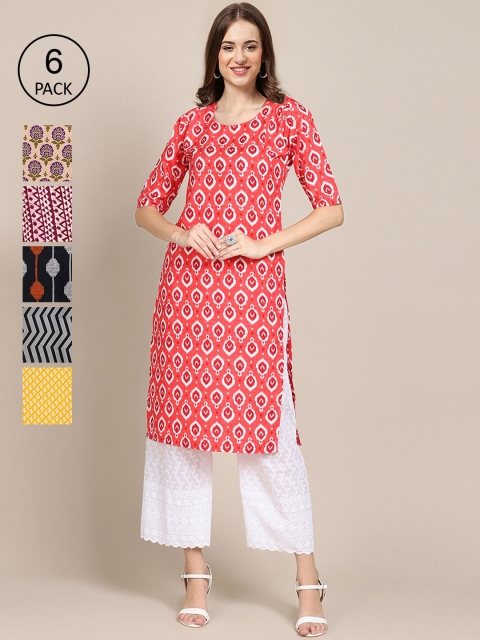 

KALINI Women Pack of 6 Red & Beige Ethnic Motifs Printed Crepe Kurta