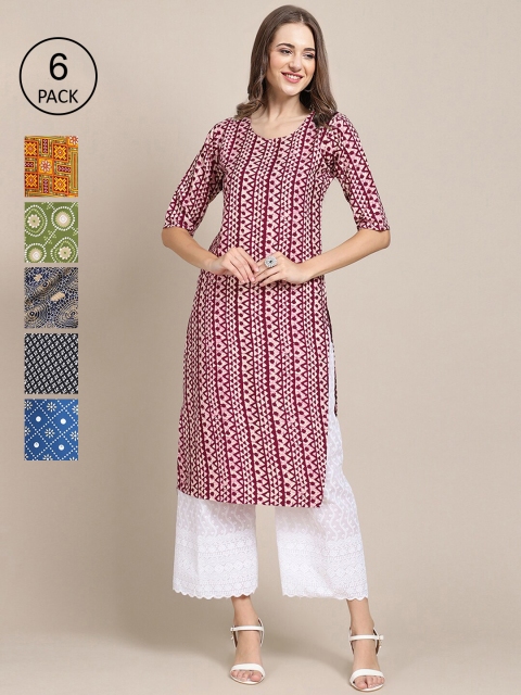 

KALINI PACK OF 6 Women Ethnic Motifs Printed Block Print Crepe Kurta, Maroon