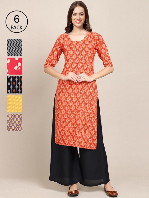 

KALINI Women Pack of 6 Printed Straight Crepe Kurta, Multi