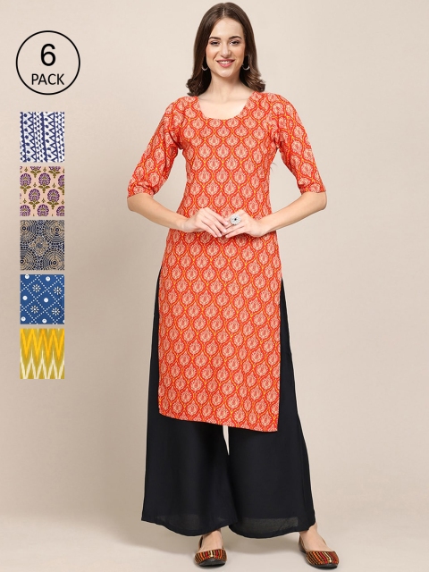 

KALINI Women Pack of 6 Printed Straight Crepe Kurta, Multi