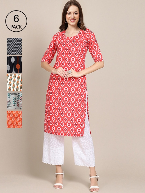 

KALINI Women Pack of 6 Printed Straight Crepe Kurta, Multi