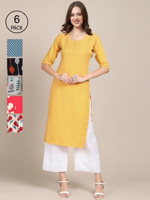 

KALINI Women Pack Of 6 Geometric Printed Crepe Straight Kurta, Yellow