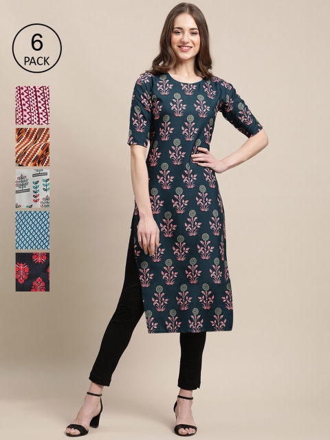 

KALINI Women Pack Of 6 Pink & Blue Ethnic Motifs Printed Crepe Kurta