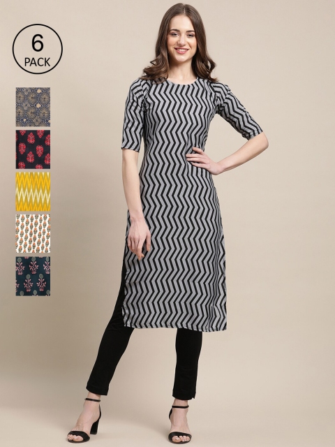 

KALINI Women Pack Of 6 Ethnic Motifs Printed Crepe Kurta, Black