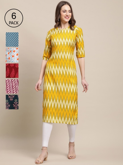 

KALINI Women Pack of 6 Printed Straight Crepe Kurta, Multi