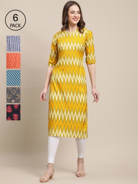 

KALINI PACK OF 6 Women Ethnic Motifs Printed Block Print Crepe Kurta, Yellow