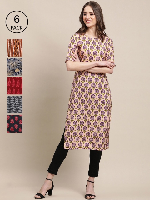 

KALINI PACK OF 6 Women Ethnic Motifs Printed Block Print Crepe Kurta, Cream