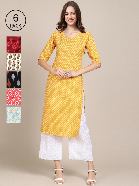 

KALINI PACK OF 6 Women Ethnic Motifs Printed Block Print Crepe Kurta, Yellow