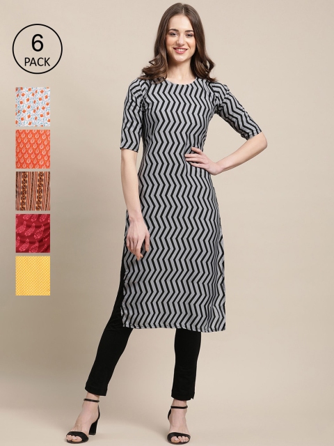 

KALINI PACK OF 6 Women Ethnic Motifs Printed Block Print Crepe Kurta, Grey