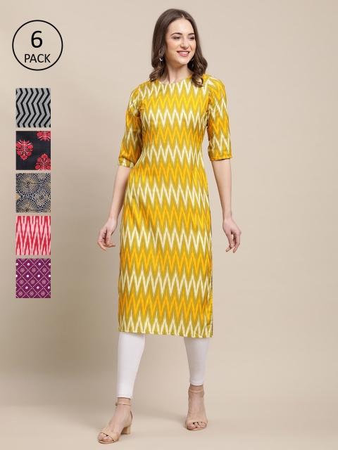 

KALINI PACK OF 6 Women Ethnic Motifs Printed Block Print Crepe Kurta, Yellow